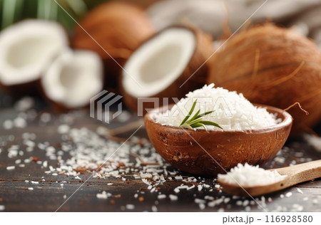 Coconut Products on Wooden Table 116928580
