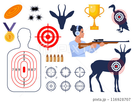 Shooting and hunting equipment elements. Shooting Skeet. Shooting club and range weapons and accessories. Shooter, rifle, bullet, headphones, gold cup, medal. Human, animal shoot target. Vector. 116928707