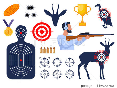 Shooting and hunting equipment elements. Shooting Skeet. Shooting club and range weapons and accessories. Shooter, rifle, bullet, headphones, gold cup, medal. Human, animal shoot target. Vector. 116928708