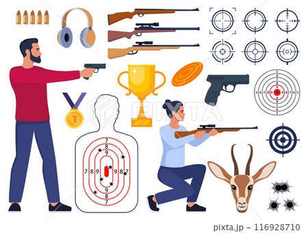Shooting and hunting equipment elements. Shooting Skeet. Shooting club and range weapons and accessories. Shooter, rifle, bullet, headphones, gold cup, medal. Human, animal shoot target. Vector. Shooting and hunting equipment elements. Shooting Skeet. Shooting club and range weapons and accessories. Shooter, rifle, bullet, headphones, gold cup, medal. Human, animal shoot target. Vector. 116928710