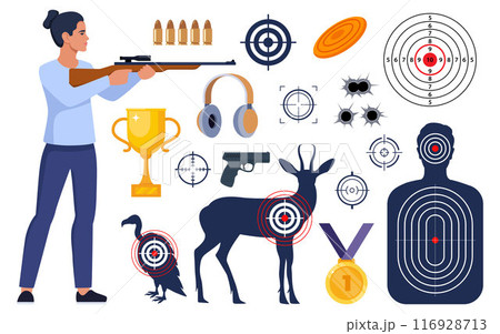 Shooting and hunting equipment elements. Shooting Skeet. Shooting club and range weapons and accessories. Shooter, rifle, bullet, headphones, gold cup, medal. Human, animal shoot target. Vector. Shooting and hunting equipment elements. Shooting Skeet. Shooting club and range weapons and accessories. Shooter, rifle, bullet, headphones, gold cup, medal. Human, animal shoot target. Vector. 116928713
