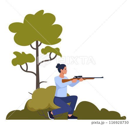 Sport shooting. Aiming woman with rifle. Outdoor hobby, hunting. Woman shooter defends property. Military outdoor skills. Vector. Sport shooting. Aiming woman with rifle. Outdoor hobby, hunting. Woman shooter defends property. Military outdoor skills. Vector. 116928730