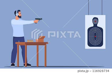 Focused Man Practicing Shooting Skills At Indoor Range. Male Character In Ear Protection Stands Confidently, Aiming Pistol At Target. Vector illustration. 116928734