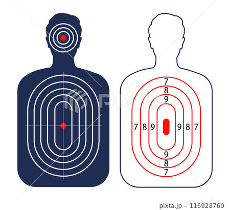 Human shoot target. Firearm and archery shooting range practicing human torso silhouette, sniping sport competition, military or police weapon training. Vector target with scoring sections. 116928760