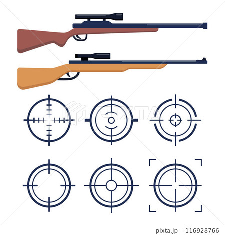 Collection of rifle. Army and police weapons. Target and aim, targeting and aiming. Target or aim symbol. Military rifle scope, shooting mark. Vector. 116928766