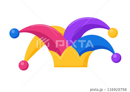 Jester fool hat icon. Flat illustration of circus jester fool hat. Humor and tomfoolery for comedy performance. Vector. Jester fool hat icon. Flat illustration of circus jester fool hat. Humor and tomfoolery for comedy performance. Vector. 116928798