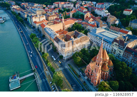 Panoramic view on skyline of Budapest rooftops. Aerial view of capital of Hungary with historical buildings and famous landmarks 116928957