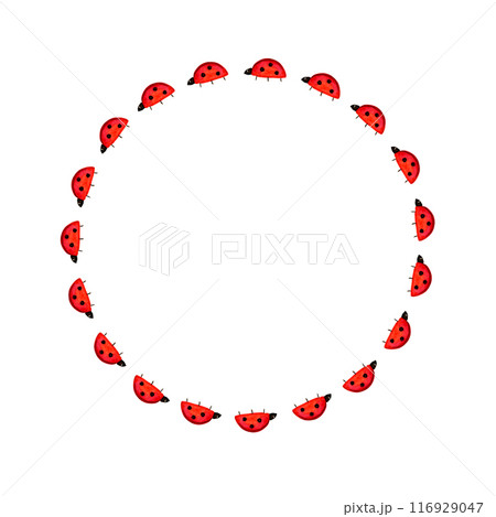 watercolor ladybug, sketch of cartoon red insect, cute funny ladybird, round wreath of flying insect on white background, illustration for children room decoration watercolor ladybug, sketch of cartoon red insect, cute funny ladybird, round wreath of flying insect on white background, illustration for children room decoration 116929047