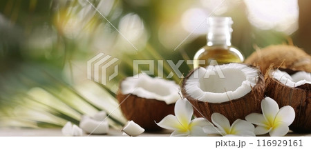 Coconut Drink and Flowers on a Table 116929161