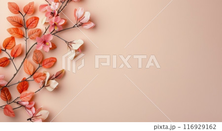 Pink Flowers and Leaves on Peach Background 116929162