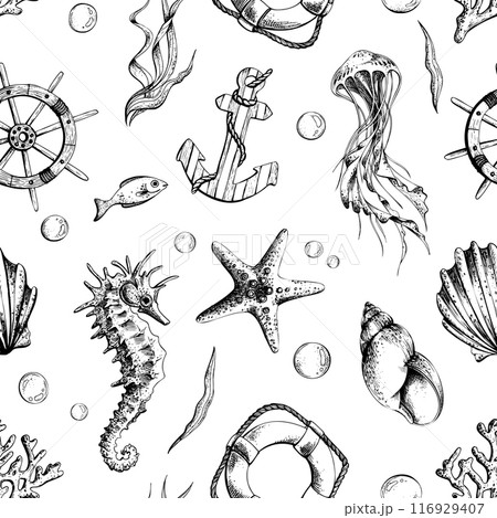 Marine life, steering wheel, anchor and lifebuoy. Illustration of graphic line art in black and white, hand drawn. Seamless pattern for the design of fabrics, wallpaper 116929407