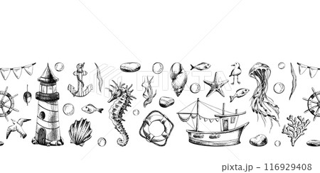 Marine underwater animals, a lighthouse and a boat. Illustration of graphic line art in black and white, hand drawn. Horizontal, seamless border, banner from the SYMPHONY OF THE SEA collection. 116929408