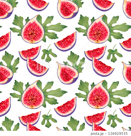 Seamless pattern of fig slices with red flesh and leaves. Botanical illustration with watercolor and markers. Hand drawn isolated art. Tropical berries background. For packaging, fabric, wallpaper Seamless pattern of fig slices with red flesh and leaves. Botanical illustration with watercolor and markers. Hand drawn isolated art. Tropical berries background. For packaging, fabric, wallpaper 116929535