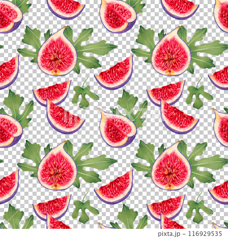 Seamless pattern of fig slices with red flesh and leaves. Botanical illustration with watercolor and markers. Hand drawn isolated art. Tropical berries background. For packaging, fabric, wallpaper Seamless pattern of fig slices with red flesh and leaves. Botanical illustration with watercolor and markers. Hand drawn isolated art. Tropical berries background. For packaging, fabric, wallpaper 116929535