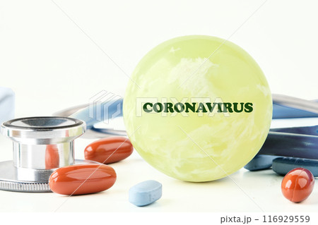 Coronavirus 2019 nCoV. New Wuhan virus. Coronavirus word written on a balloon in a composition with a stethoscope, pills and vitamins on a white background Coronavirus 2019 nCoV. New Wuhan virus. Coronavirus word written on a balloon in a composition with a stethoscope, pills and vitamins on a white background 116929559