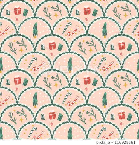 Christmas scallop seamless pattern. Happy New Yea arch repeat background. Yuletide retro endless design. Vector hand drawn illustration. Christmas scallop seamless pattern. Happy New Yea arch repeat background. Yuletide retro endless design. Vector hand drawn illustration. 116929561