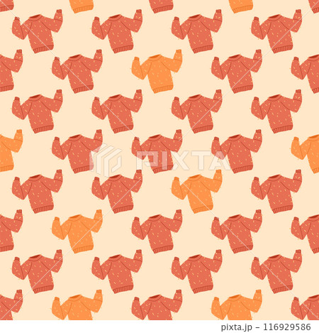 Sweater seamless pattern. Cozy warm clothes endless background. Autumnal repeat cover. Winter jumpers continuous ornament. Vector hand drawn flat illustration. 116929586