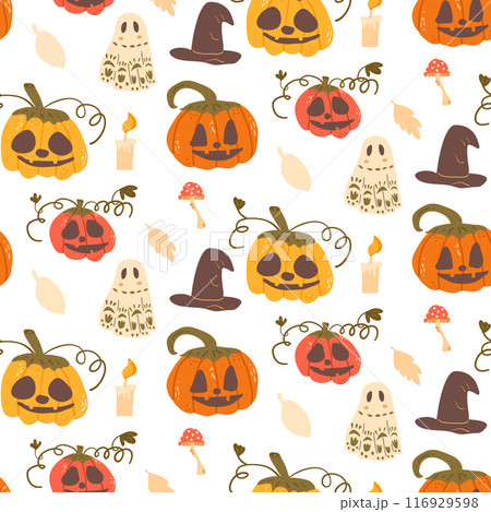 Halloween seamless pattern. All Hallows' Eve continuous background. Pumpkins, holiday ghosts, witch hats repeat surface cover. Vector hand drawn flat illustration. 116929598