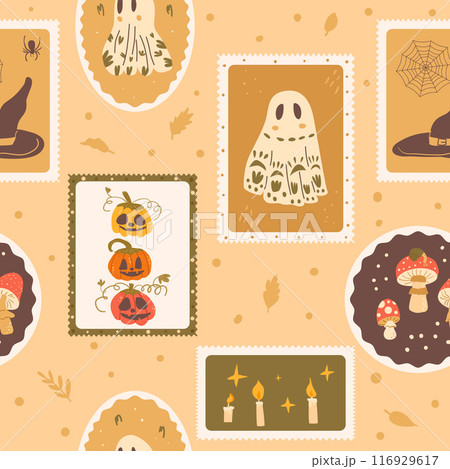 Halloween checked seamless pattern. Bento box All Hallows' Eve repeat background. Fly agaric, pumpkin and ghost with candles retro stamps endless surface design. Vector hand drawn illustration. 116929617