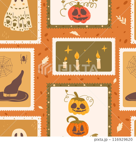 Halloween checked seamless pattern. Bento box All Hallows' Eve repeat background. Carved pumpkins, candles, witch hat and ghost retro stamps endless surface design. Vector hand drawn illustration 116929620