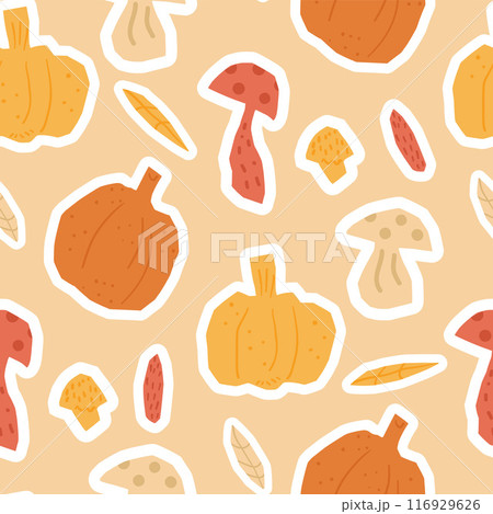 Pumpkin, mushroom and leaves stickers seamless pattern. Cut outs paper shapes repeat background. Autumn harvesting endless design. Vector hand drawn flat illustration. Pumpkin, mushroom and leaves stickers seamless pattern. Cut outs paper shapes repeat background. Autumn harvesting endless design. Vector hand drawn flat illustration. 116929626