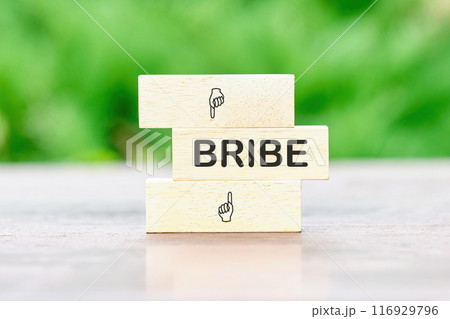 Bribe economic, business concept. Bribe word on wooden bars against a background of green plants without focus 116929796