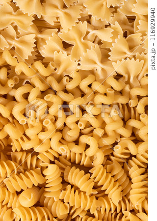 Variety of dry Italian pasta, top view 116929940