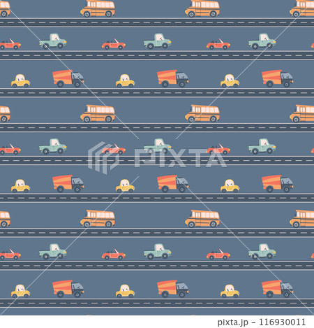 Kids seamless pattern with car, bus and road. Perfect for fabric , digital paper, cards. Kids seamless pattern with car, bus and road. Perfect for fabric , digital paper, cards. 116930011