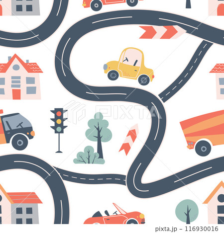 Kids seamless pattern with car, bus and road. Perfect for fabric , digital paper, cards. 116930016