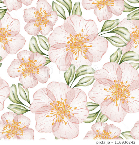 Seamless watercolor floral pattern - green leaves and branches composition on white background, perfect for wrappers, wallpapers, postcards, greeting cards, wedding invitations, romantic events. 116930242