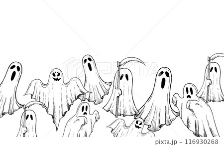 Vector halloween scary ghost frame, border. Hand painted linear phantom silhouette illustration. Graphic monochrome spooky monster for tattoo, magical hand painting for holiday, horror. Isolated on 116930268