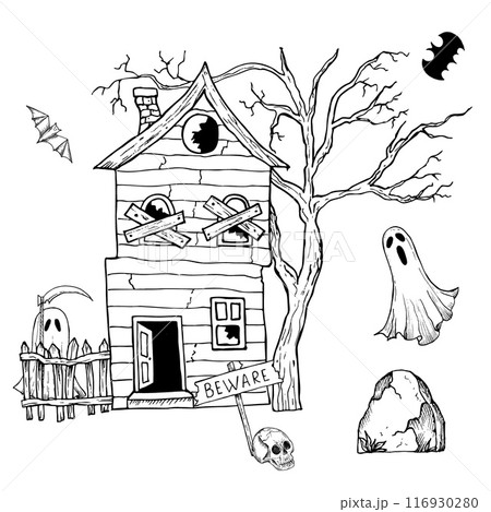 Halloween haunted house. Wooden sign board "Beware". Vector hand painted linear ghost castles, monster silhouette illustration. Mystical graphic monochrome spooky and horror home isolated on Halloween haunted house. Wooden sign board "Beware". Vector hand painted linear ghost castles, monster silhouette illustration. Mystical graphic monochrome spooky and horror home isolated on 116930280