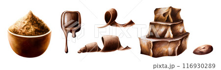 Set with curl slices, stack pieces of chocolate, melted liquid chocolate, brown ceramic bowl of cocoa powder or cinnamon. Watercolor hand drawn coiled sweet delicious realistic illustration isolated 116930289