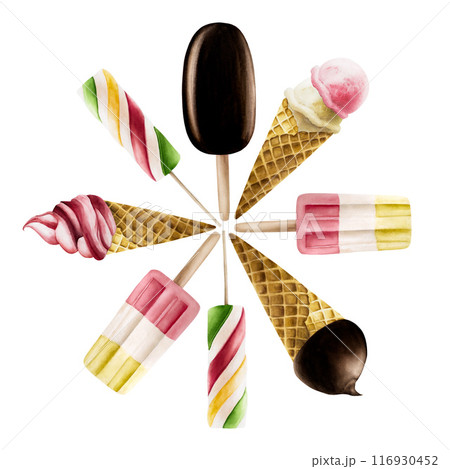 Sweet Ice cream lolly with strawberry, mint, vanilla, raspberry. Hand painting fruit popsicle watercolor illustration isolated on background. For designers, menu, shop, decoration, restaurant, for 116930452