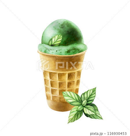 Scoop of mint ice cream in crispy waffle cone. Hand painting sweet watercolor illustration isolated on background. For designers, menu, shop, decoration, restaurant, for postcards, wrapping paper, 116930453