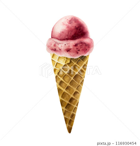 Scoop of strawberry, cherry, raspberry ice cream in crispy waffle cone. Hand painting sweet watercolor illustration isolated on background. For designers, menu, shop, decoration, restaurant, for 116930454