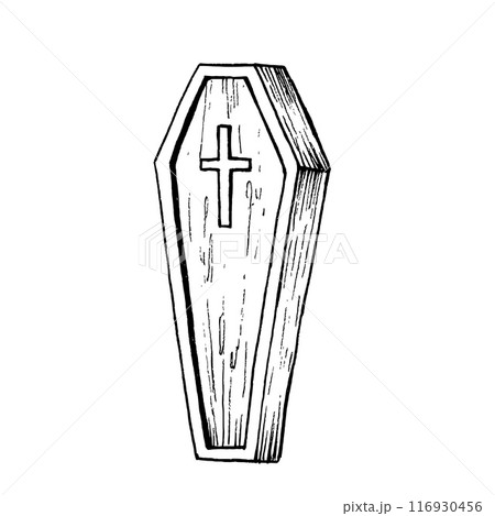 Vector wooden coffin with a cross. Hand painted linear illustration. Graphic monochrome art for tattoo, symbol of death, halloween, horror. Isolated on background. For designers, The day of the Dead Vector wooden coffin with a cross. Hand painted linear illustration. Graphic monochrome art for tattoo, symbol of death, halloween, horror. Isolated on background. For designers, The day of the Dead 116930456