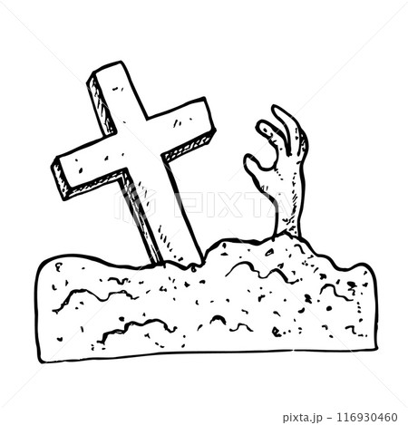 Vector zombie arms sticking out of the ground. Hand painted linear illustration. Graphic monochrome crooked cross art for tattoo, symbol of death, halloween, horror. Isolated on background. For 116930460