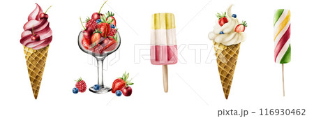 Glass bowl with full of berries, soft strawberry, cherry, raspberry ice cream and crispy waffle cones. Hand painting sweet watercolor illustration isolated on background. For designers, menu, shop, Glass bowl with full of berries, soft strawberry, cherry, raspberry ice cream and crispy waffle cones. Hand painting sweet watercolor illustration isolated on background. For designers, menu, shop, 116930462