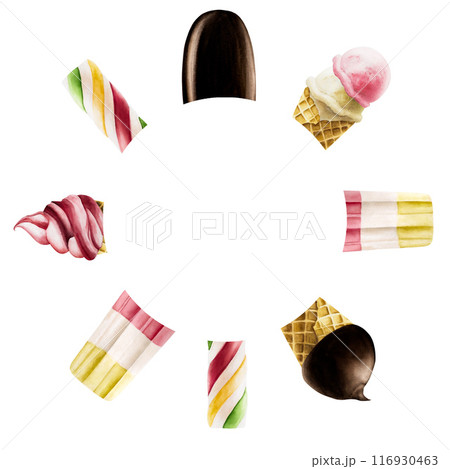Frame, logo with Ice creams, lolly with strawberry, mint, vanilla, raspberry, chocolate glaze. Hand painting fruit popsicle watercolor illustration isolated on background. For designers, menu, shop, Frame, logo with Ice creams, lolly with strawberry, mint, vanilla, raspberry, chocolate glaze. Hand painting fruit popsicle watercolor illustration isolated on background. For designers, menu, shop, 116930463