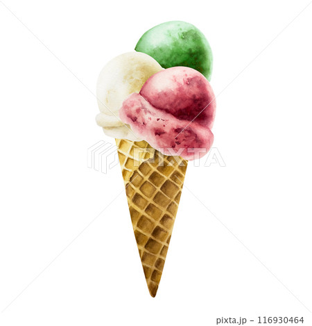 Scoop of vanilla, pistachio, mint, apple, strawberry, cherry, raspberry ice cream in crispy waffle cone. Hand painting sweet watercolor illustration isolated on background. For designers, menu, shop, 116930464