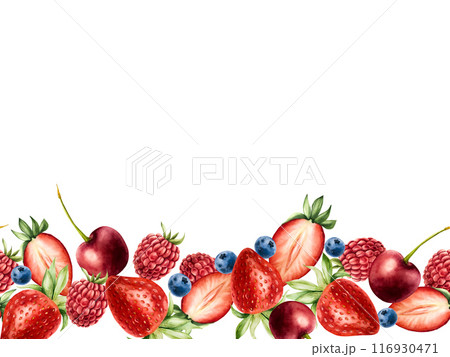 Seamless frame, border, banner with strawberry, raspberry, cherry and blueberry. Hand painting sweet watercolor illustration isolated on background. For designers, menu, shop, decoration, restaurant, 116930471