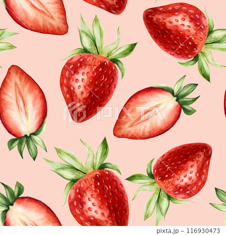 Seamless pattern with ripe sweet strawberry. Hand painting template with red macro botanical watercolor illustration isolated on background. For designers, menu, shop, decoration, restaurant, for 116930473