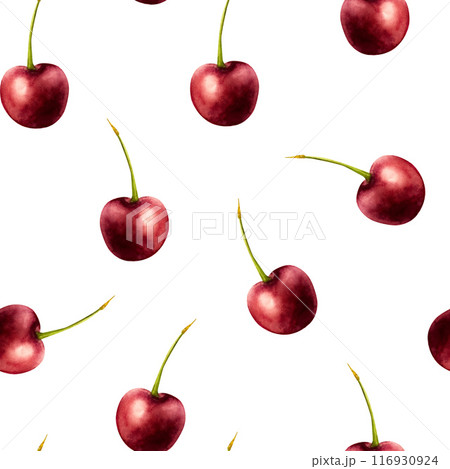 Seamless pattern with sweet ripe cherry. Hand painting red macro watercolor illustration isolated on background. For designers, menu, shop, decoration, restaurant, for postcards, wrapping paper, 116930924