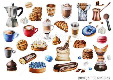 Geyser coffee maker, chocolate bar in foil, candy, blueberry tartlet, latte in a glass mug, espresso, eclair, chocolate chip cookie, macaroon, meringue, marshmallow, croissant. Hand painting watercolo Geyser coffee maker, chocolate bar in foil, candy, blueberry tartlet, latte in a glass mug, espresso, eclair, chocolate chip cookie, macaroon, meringue, marshmallow, croissant. Hand painting watercolo 116930925