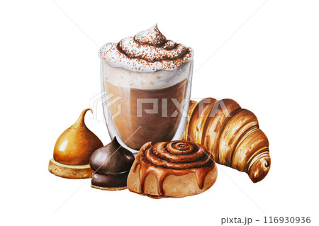 Fluffy foam mocha illustration coffee in a glass cup with cinnamon bun, marshmallows in chocolate, croissant. Hand painting on isolated background. For designers, menu, shop, bar, bistro, restaurant, 116930936