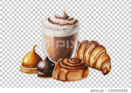 Fluffy foam mocha illustration coffee in a glass cup with cinnamon bun, marshmallows in chocolate, croissant. Hand painting on isolated background. For designers, menu, shop, bar, bistro, restaurant, 116930936