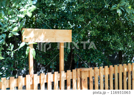 A New wooden sign stands in the middle of a green tree garden A New wooden sign stands in the middle of a green tree garden 116931063