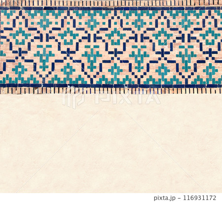 Detail of traditional persian mosaic wall with tile ornament. Horizontal or vertical background with ceramic tile frame. Mock up template. Copy space for text Detail of traditional persian mosaic wall with tile ornament. Horizontal or vertical background with ceramic tile frame. Mock up template. Copy space for text 116931172