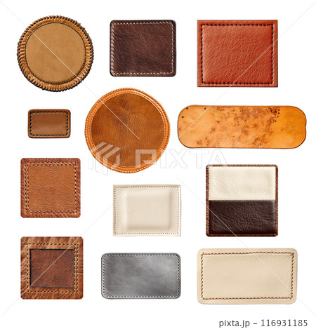 Set of leather elements. Isolated on white background. Collection of leather tag and label of beige, gray and brown color 116931185